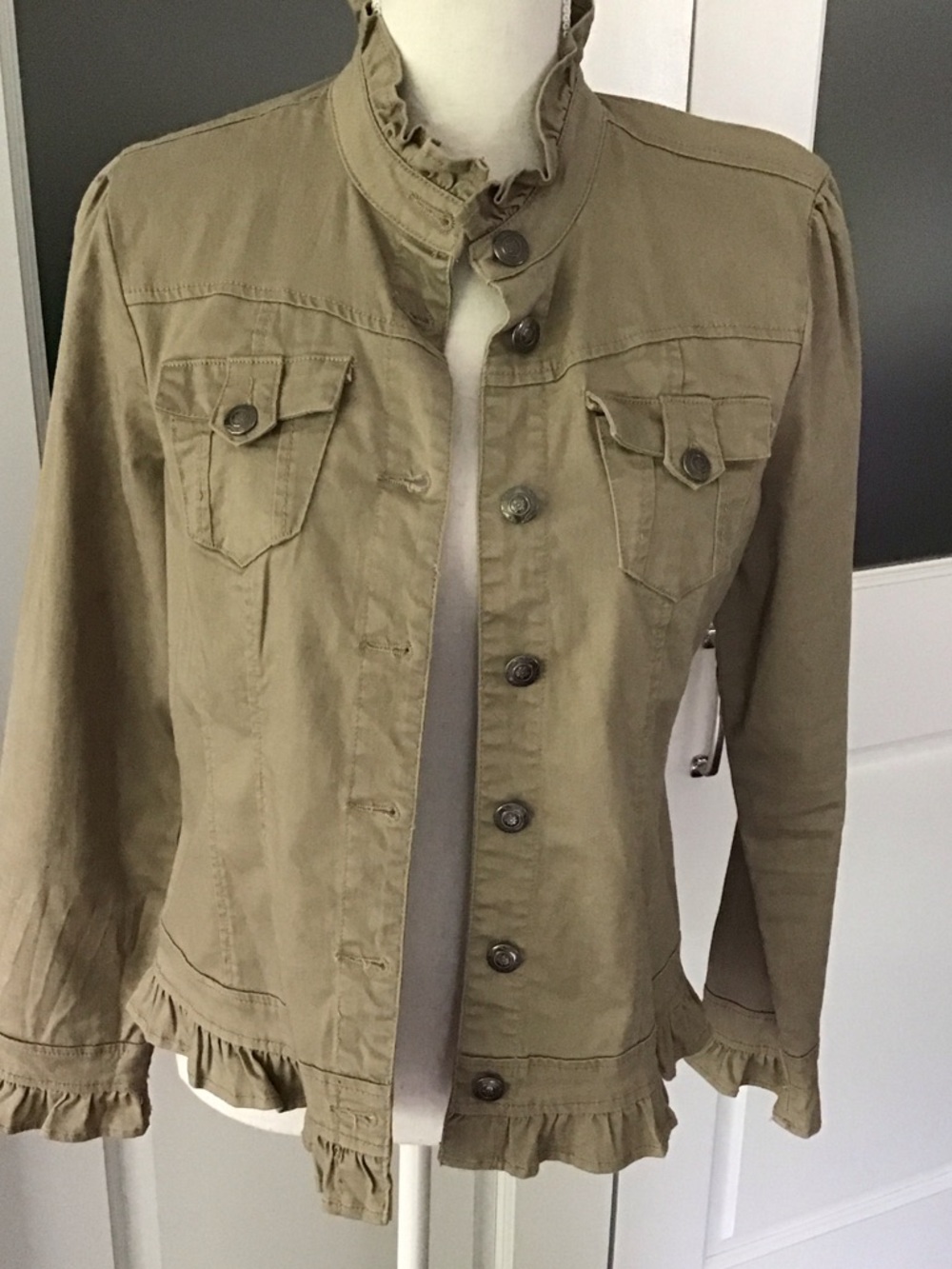 Baccini Olive Green Ruffle-Trim Jean Jacket